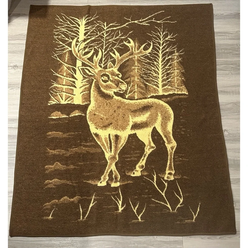 Vintage Acrylic Deer Blanket Reversible Made in Spain Buck Wilderness Brown Tan